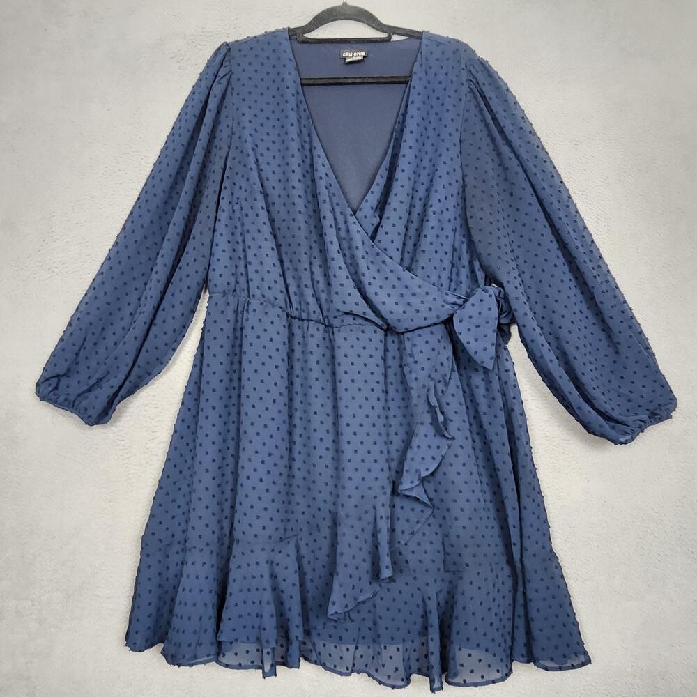 City Chic Dress Womens Medium Blue Swiss Dot Wrap Long Sleeve Chiffon Ruffle Hem